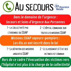 Définition du cadre juridique Il incombe financièrement aux collectivités territoriales la prise en charge des victimes présentant une détresse vital ou fonctionnelle nécessitant l'urgence à agir ainsi que leur évacuation (hors transports médicalisés avec le SAMU. Au delà de ce cadre, l'ensemble des transports doivent êtres considérés comme des transports sanitaires à la charge de la sécurité sociale (ONDAM-ARS-SAMU)